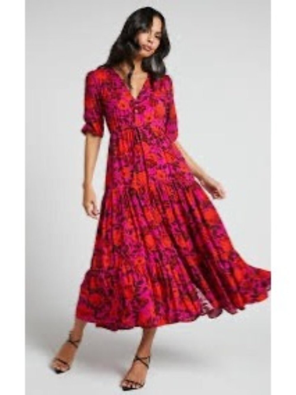 Showpo Floral Waiting So Long Pink Colorful Front Slit Tiered Maxi Dress